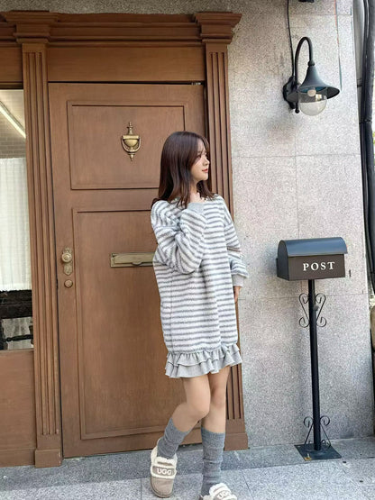 진주 스트라이프 니트 드레스 - 한국 스타일