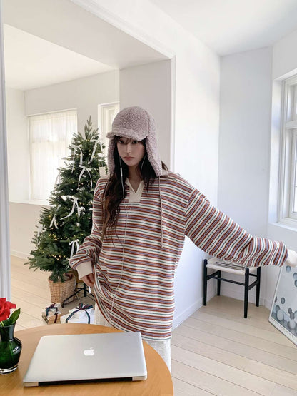 Vintage Stripe Polo Top – Korean Casual Fit