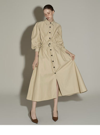 Elegant Beige Button-Down Midi Dress with Waist Belt