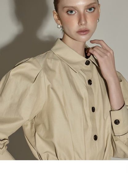 Elegant Beige Button-Down Midi Dress with Waist Belt