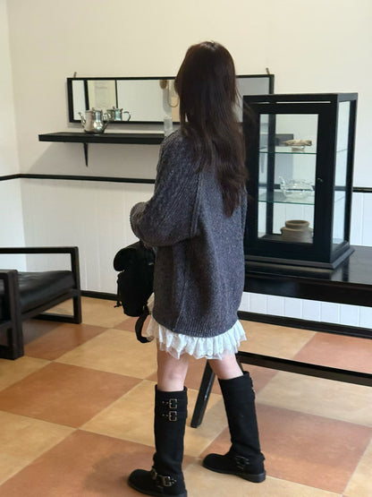 Korean Cable Knit Sweater Dress with Lace Hem