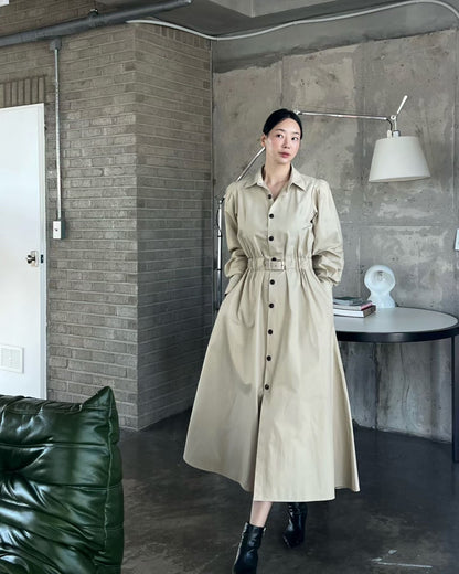 Elegant Beige Button-Down Midi Dress with Waist Belt