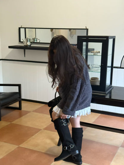 Korean Cable Knit Sweater Dress with Lace Hem