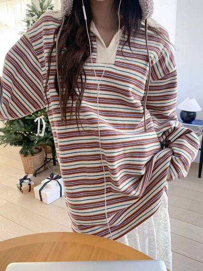 Vintage Stripe Polo Top – Korean Casual Fit