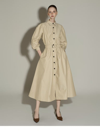 Elegant Beige Button-Down Midi Dress with Waist Belt