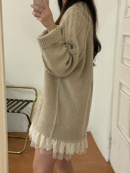 Korean Cable Knit Sweater Dress with Lace Hem