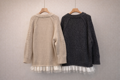 Korean Cable Knit Sweater Dress with Lace Hem