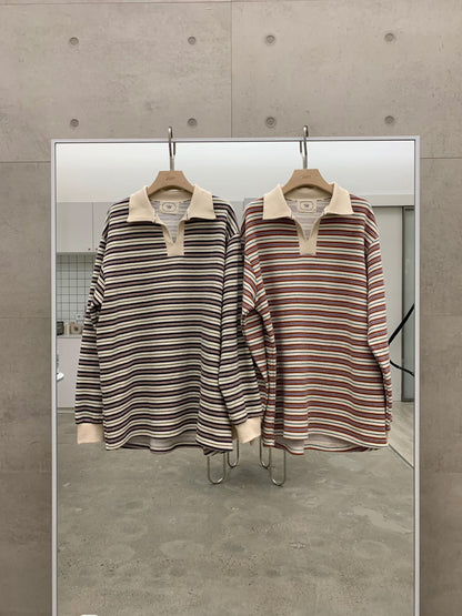 Vintage Stripe Polo Top – Korean Casual Fit