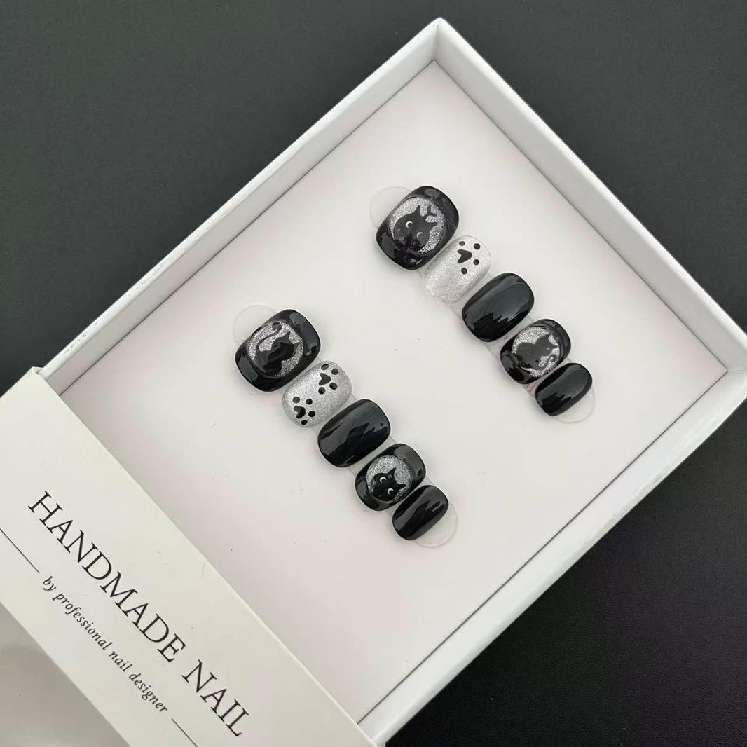 All-in-One Press-On Nail Kit - Midnight Cat Kawaii