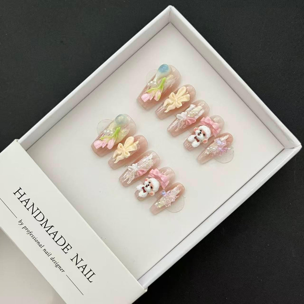 All-in-One Press-On Nail Kit - Princess Teddy Kawaii – 3D Flower & Teddy