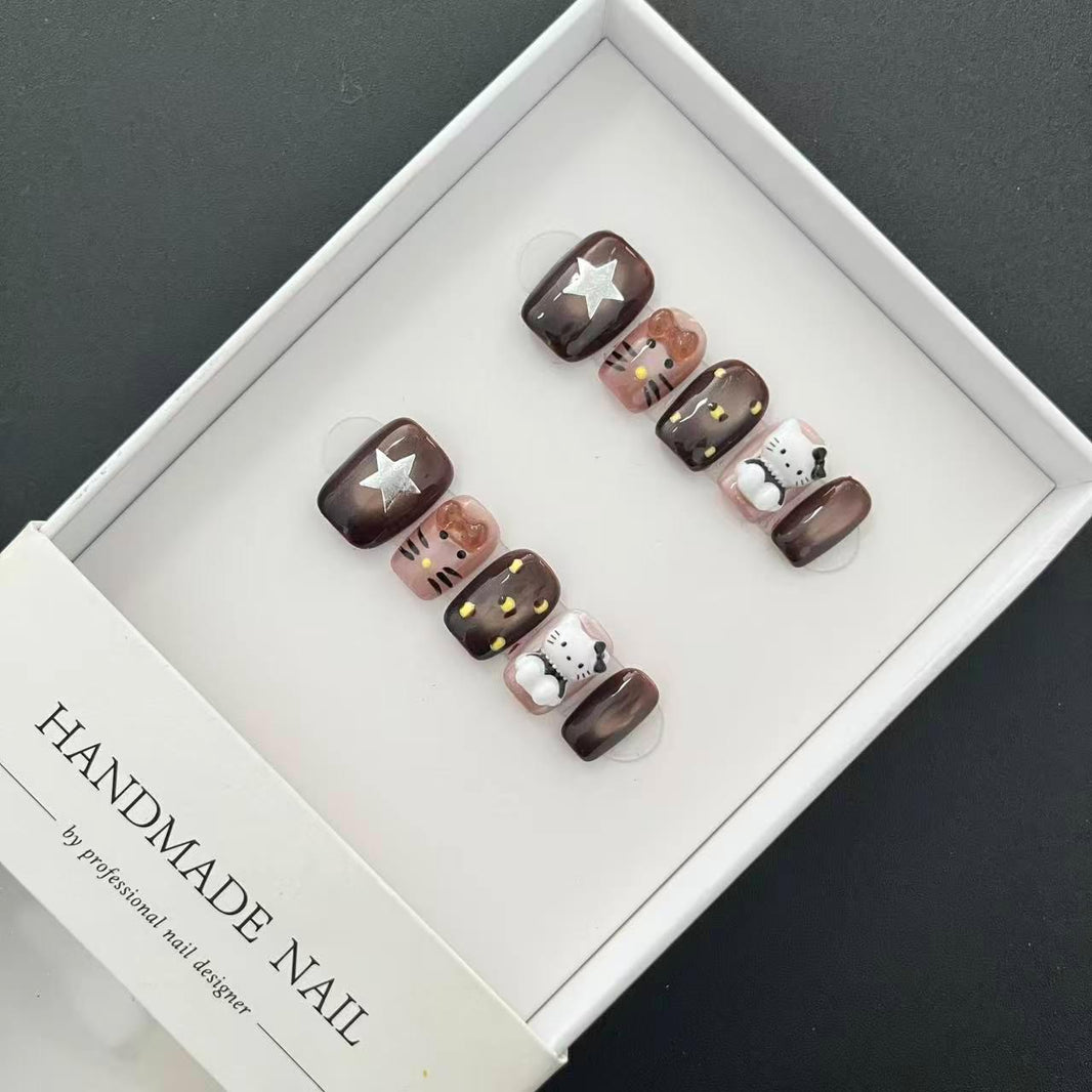 All-in-One Press-On Nail Kit –  Choco Cat Star