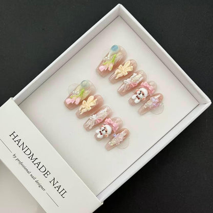 All - in - One Press - On Nail Kit - Princess Teddy Kawaii – 3D Flower & Teddy - Mykstyle