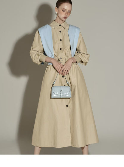 Elegant Beige Button-Down Midi Dress with Waist Belt