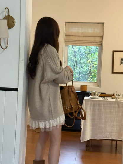 Korean Cable Knit Sweater Dress with Lace Hem