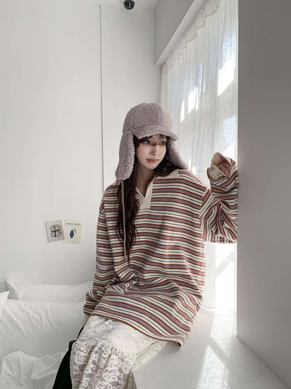 Vintage Stripe Polo Top – Korean Casual Fit