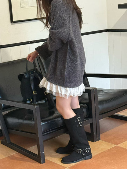 Korean Cable Knit Sweater Dress with Lace Hem