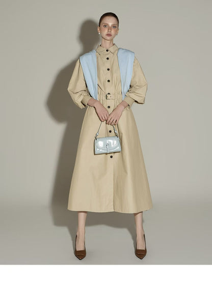 Elegant Beige Button-Down Midi Dress with Waist Belt
