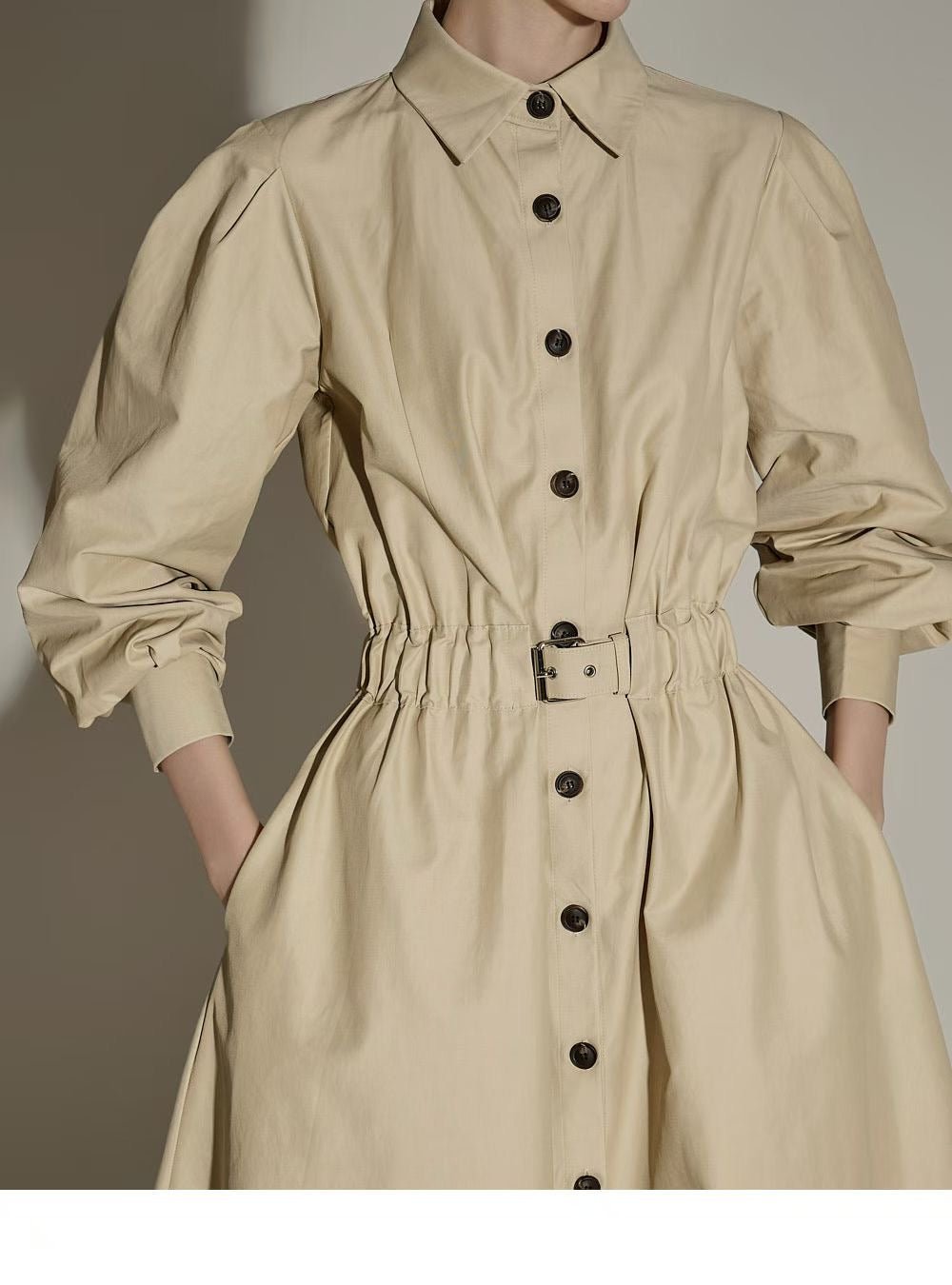 Elegante Beige Button-Down Midi Jurk met Tailleceintuur - Mykstyle