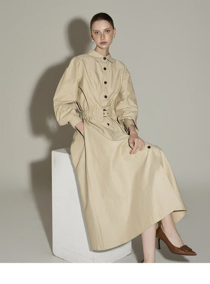 Elegante Beige Button-Down Midi Jurk met Tailleceintuur - Mykstyle