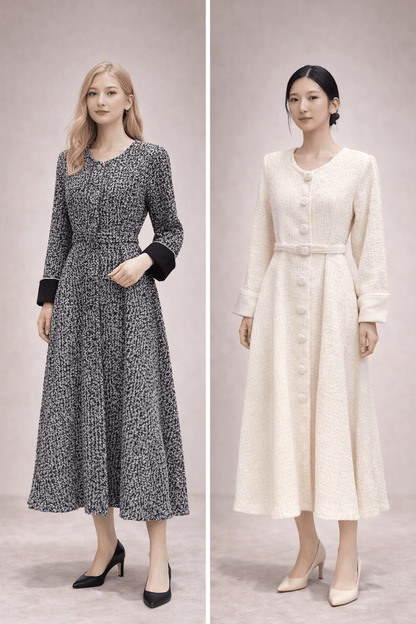 Elle Tweed Midi Jurk – Tijdloze Elegantie - Mykstyle