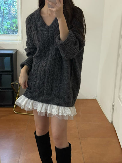 Korean Cable Knit Sweater Dress with Lace Hem