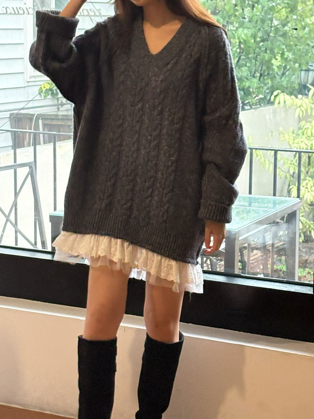 Korean Cable Knit Sweater Dress with Lace Hem - Mykstyle