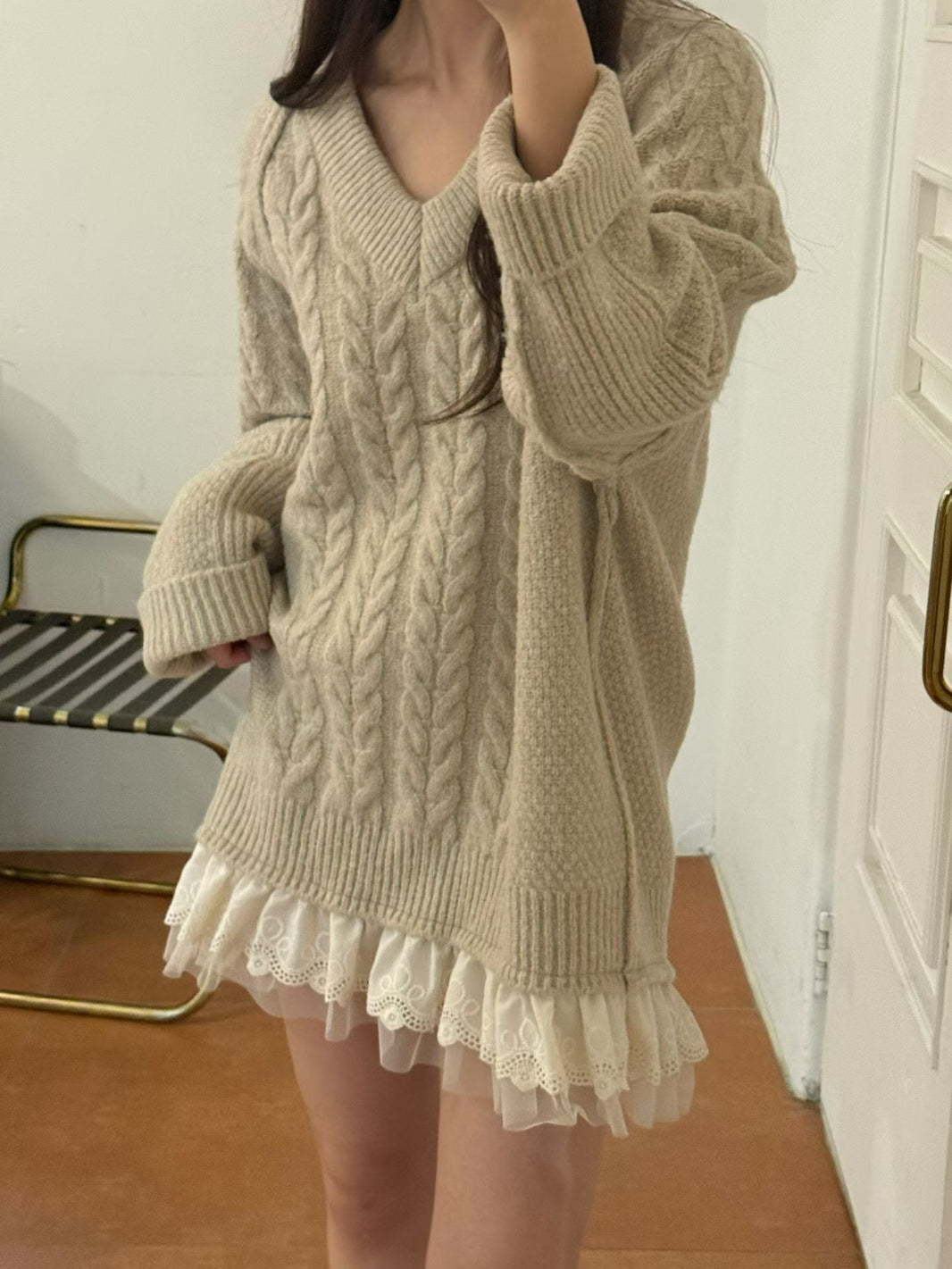 Korean Cable Knit Sweater Dress with Lace Hem - Mykstyle