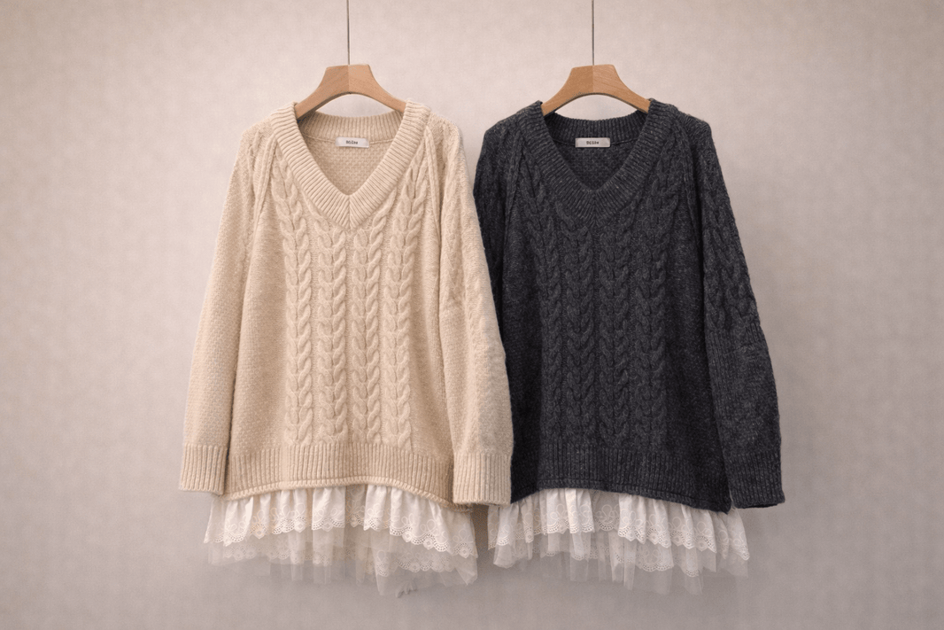 Korean Cable Knit Sweater Dress with Lace Hem - Mykstyle
