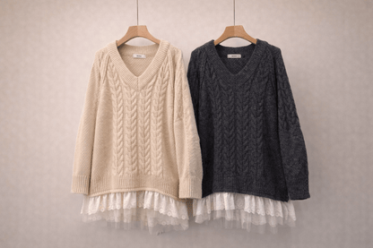 Korean Cable Knit Sweater Dress with Lace Hem - Mykstyle