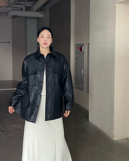 Minimal Leather Overshirt Jacket – Black - Mykstyle
