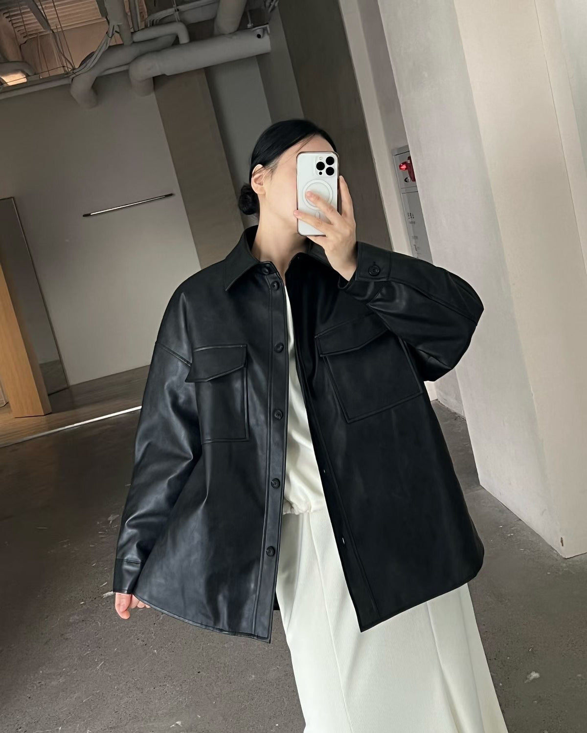 Minimal Leather Overshirt Jacket – Black - Mykstyle