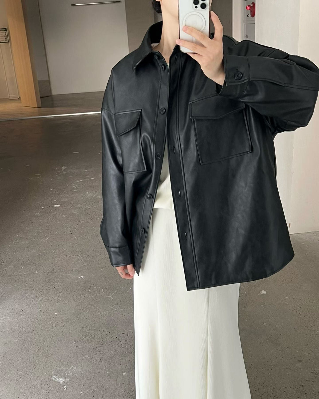 Minimal Leather Overshirt Jacket – Black - Mykstyle