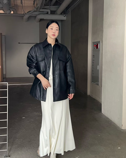 Minimal Leather Overshirt Jacket – Black - Mykstyle