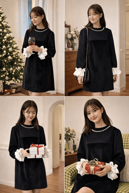 Pearl Velvet Mini Dress – Korean Boutique Style - Mykstyle