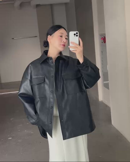 Minimal Leather Overshirt Jacket – Black