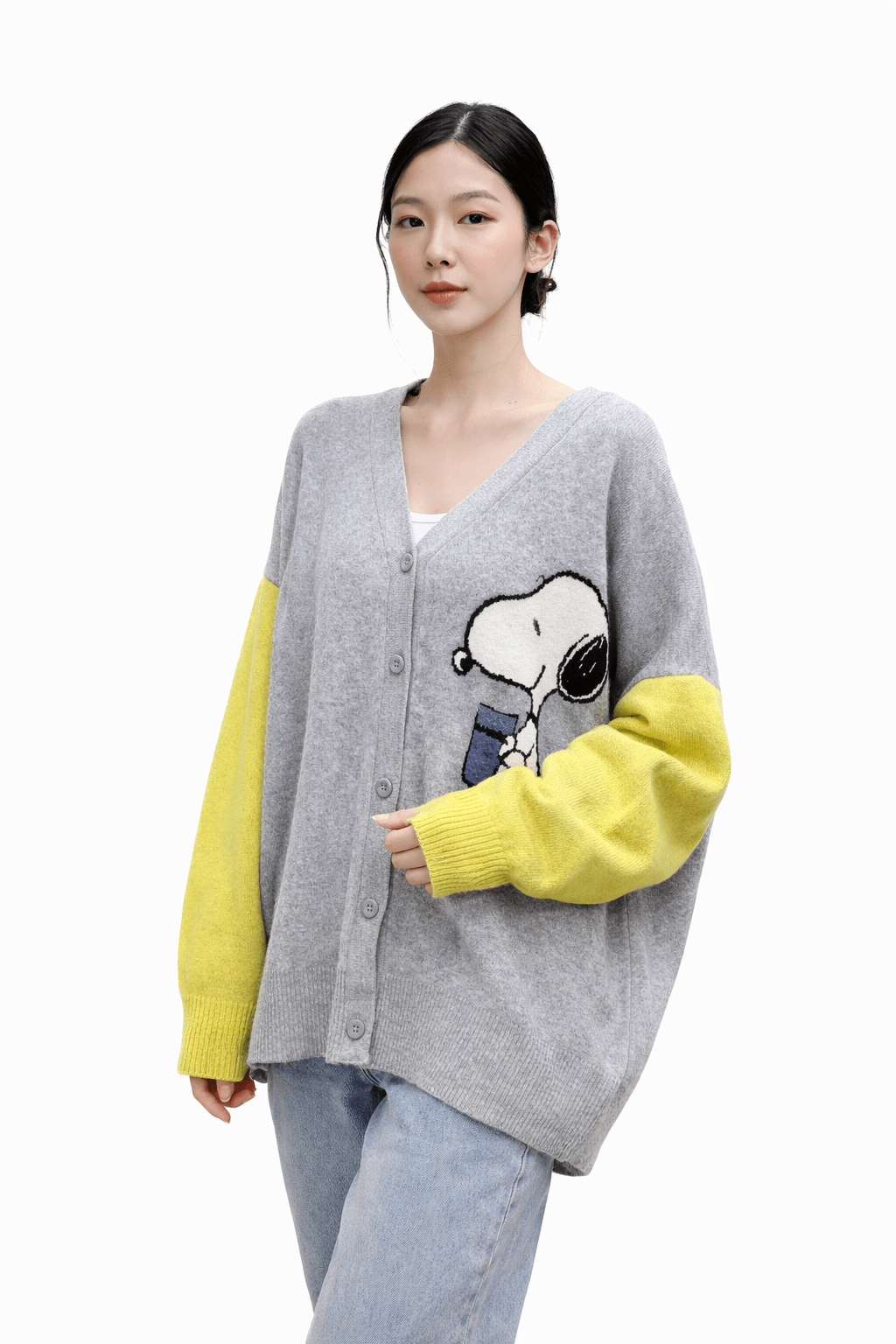 Snoopy Knit Cardigan – Two-Tone V-Neck - Mykstyle